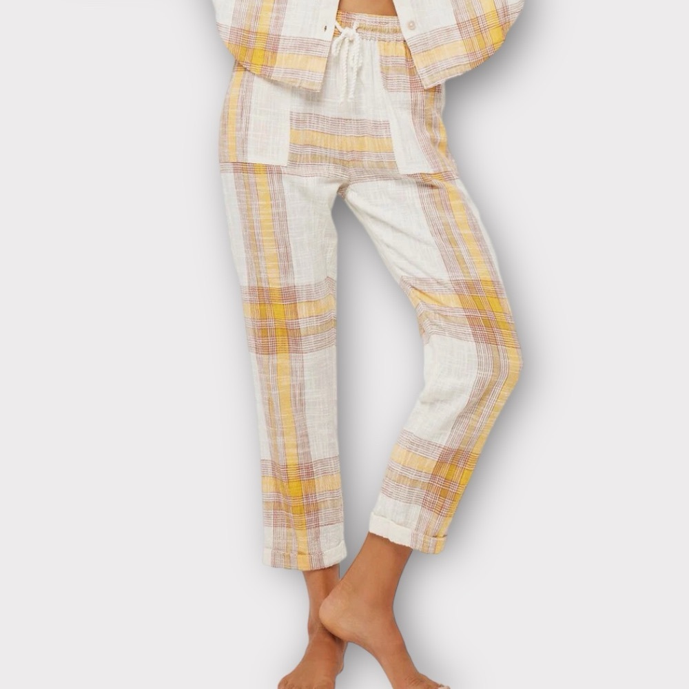 L*Space Women’s Isle of the Sun Pants Small 100% Cotton Plaid Beach Bohemian NWT